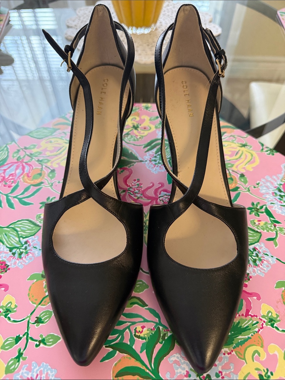 Cole Haan Black Leather Pointed-Toe Cross-Strap Slingback Heels